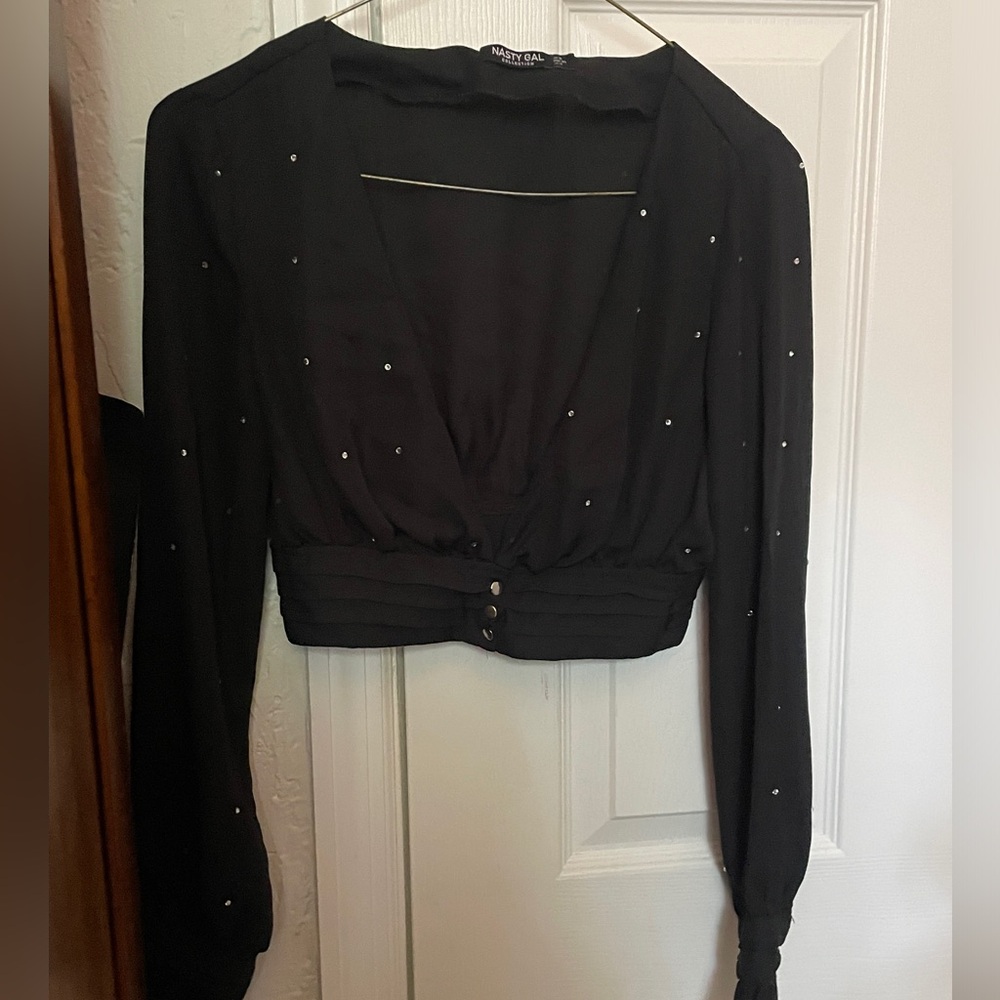 black v neck long sleeve blouse with rhinestone and button details
